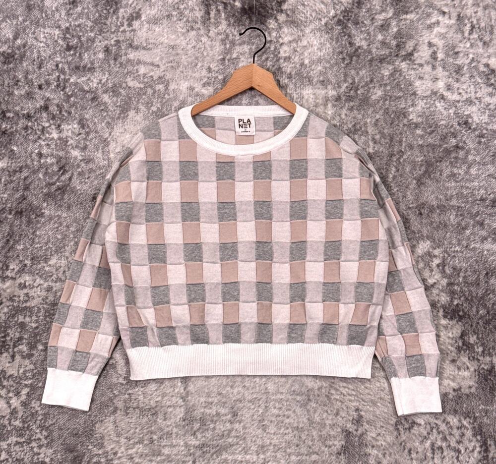 Planet Lauren G Sweater OS One Size Womens Cotton Knit Checkered Check Crop